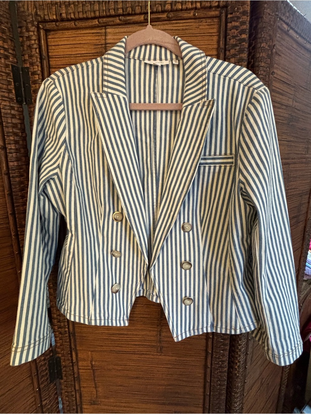 Striped Light Blue Cropped Double-Breasted Blazer - Picture 7 of 8